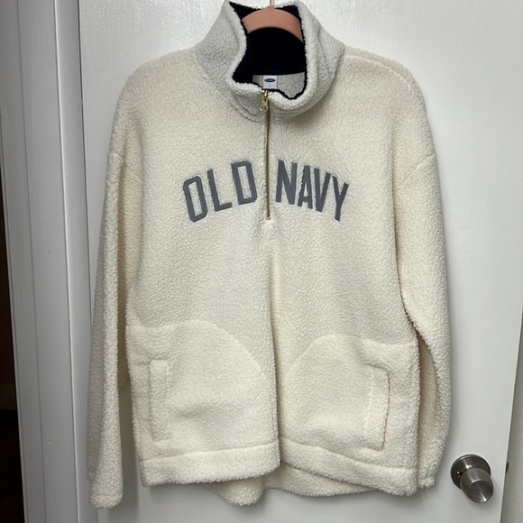 Old Navy 3/4 zip cream colored thick fleece size large Navy blue collar - Picture 1 of 8